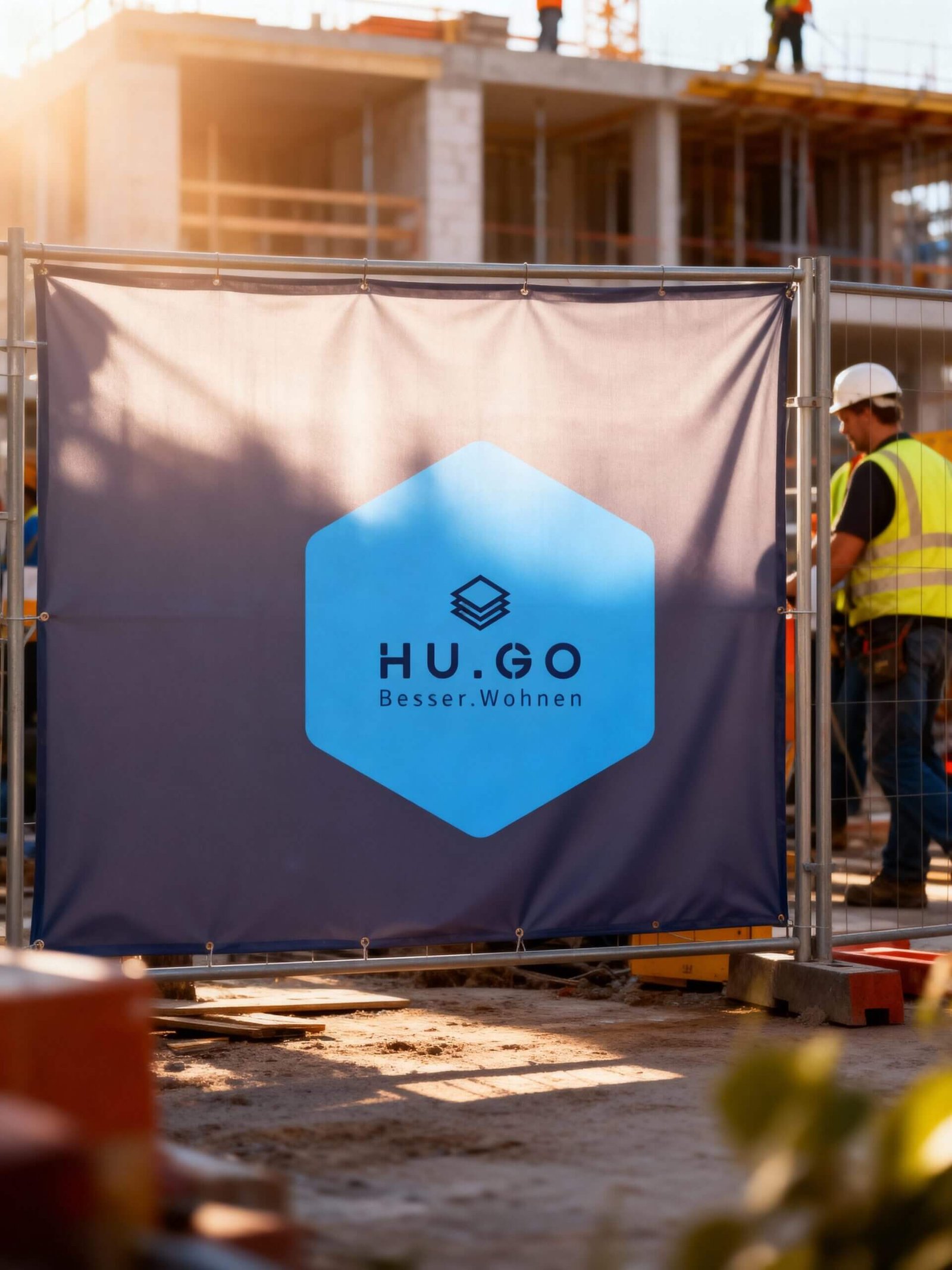 http://Bauzaun%20mit%20dem%20Logo%20von%20HU.GO,%20einem%20Unternehmen%20für%20bessere%20Wohnlösungen,%20im%20Vordergrund.%20Im%20Hintergrund%20sind%20Bauarbeiter%20auf%20einer%20Baustelle%20zu%20sehen,%20die%20an%20einem%20neuen%20Gebäude%20arbeiten.