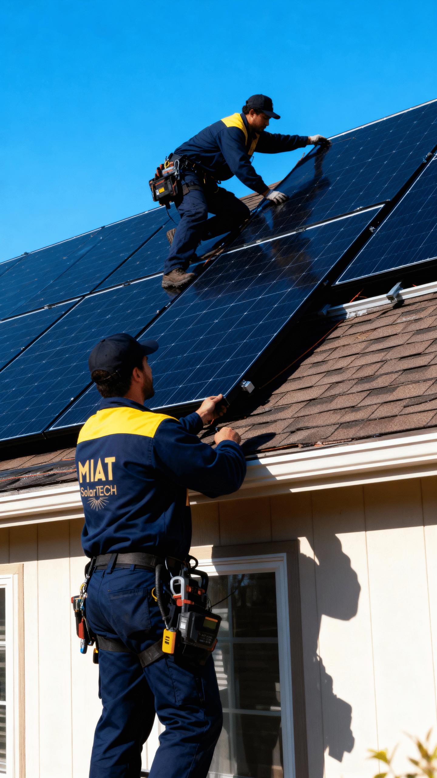 http://Zwei%20Techniker%20installieren%20Solarpanels%20auf%20einem%20Dach%20an%20einem%20klaren,%20sonnigen%20Tag.%20Der%20Techniker%20vorne%20hält%20ein%20Panel,%20während%20der%20andere%20es%20anpasst.%20Beide%20tragen%20Arbeitskleidung%20mit%20dem%20Logo%20von%20MIAT%20SolarTECH%20und%20verwenden%20Werkzeuge%20für%20die%20Installation.