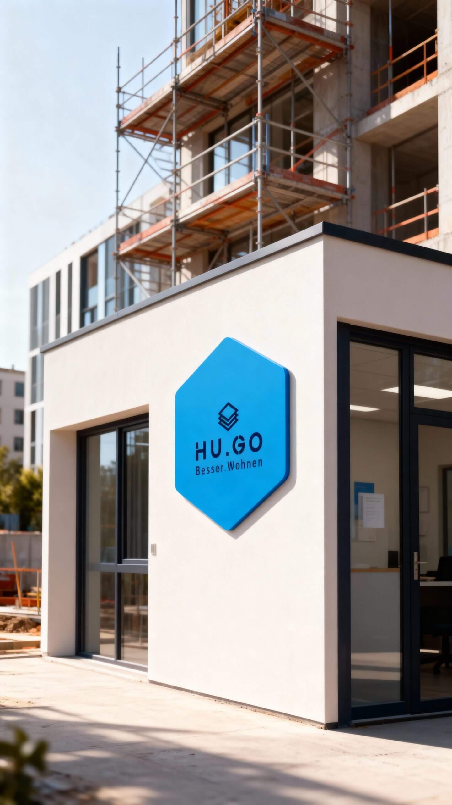 http://Moderne%20Bürogebäude%20mit%20dem%20Logo%20von%20HU.GO%20Besser.Wohnen,%20umgeben%20von%20Baugerüsten,%20bei%20sonnigem%20Wetter.