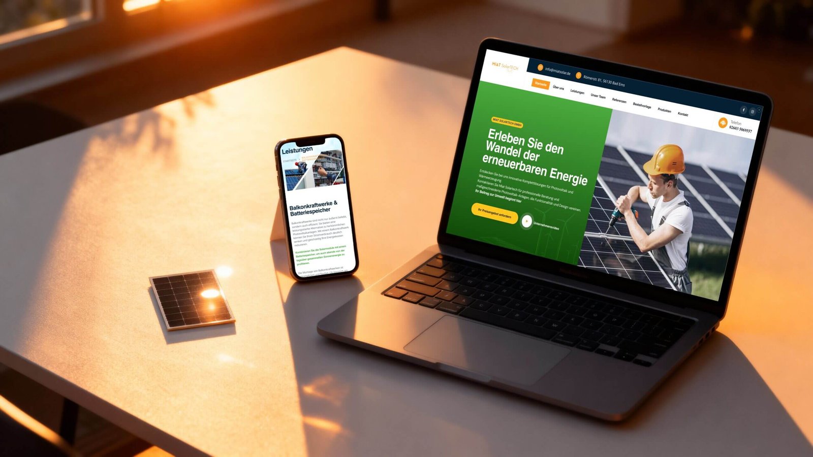 http://Laptop%20und%20Smartphone%20auf%20einem%20Tisch,%20beide%20zeigen%20Webseiten%20über%20erneuerbare%20Energien%20und%20Solartechnologie.%20Im%20Vordergrund%20liegt%20ein%20kleines%20Solarpanel,%20während%20Sonnenlicht%20durch%20das%20Fenster%20strahlt.