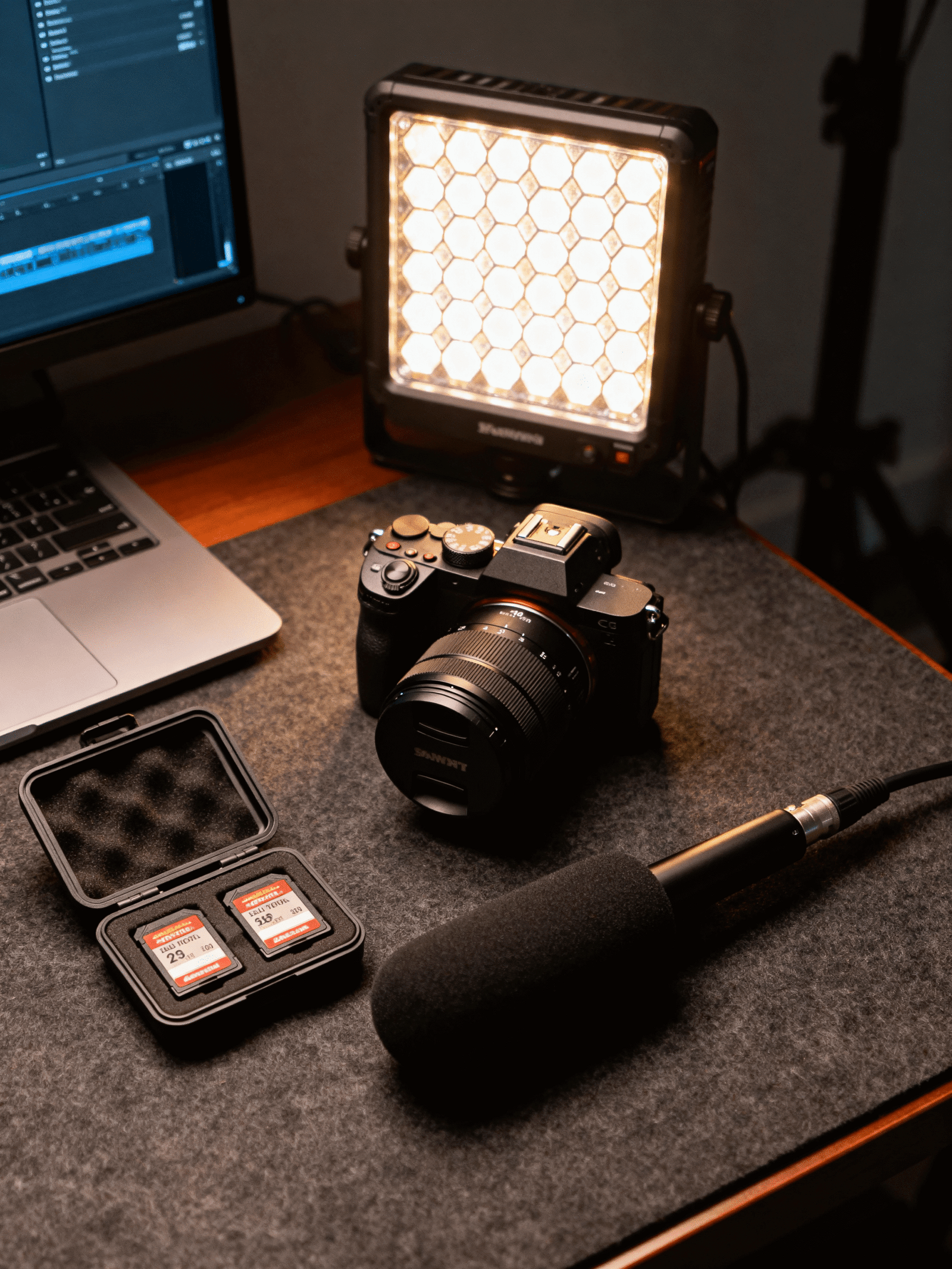 http://Ein%20Schreibtisch%20mit%20einer%20Kamera,%20einem%20Mikrofon,%20einem%20LED-Licht%20und%20einem%20Laptop,%20der%20eine%20Videobearbeitungssoftware%20zeigt.%20Neben%20der%20Kamera%20liegen%20zwei%20SD-Karten%20in%20einem%20schwarzen%20Etui.