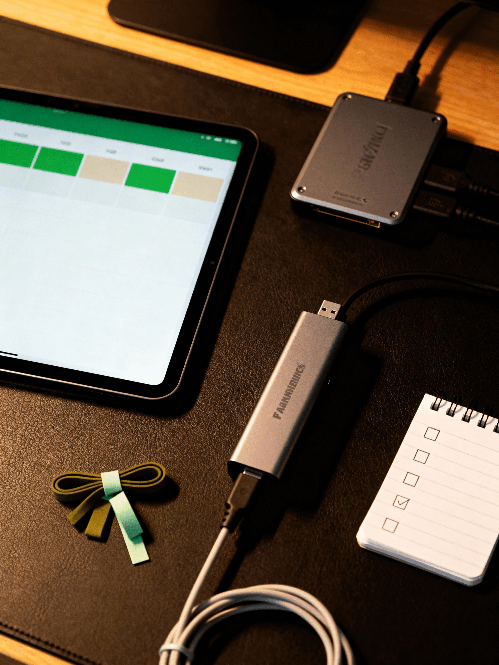 http://Moderne%20Arbeitsumgebung%20mit%20einem%20Tablet,%20USB-Hub%20und%20Notizblock%20auf%20einem%20eleganten%20Schreibtisch.%20Das%20Tablet%20zeigt%20eine%20Tabelle,%20während%20der%20USB-Hub%20mehrere%20Anschlüsse%20bietet.%20Gummibänder%20und%20ein%20Notizblock%20mit%20einer%20Checkliste%20ergänzen%20das%20Setup.