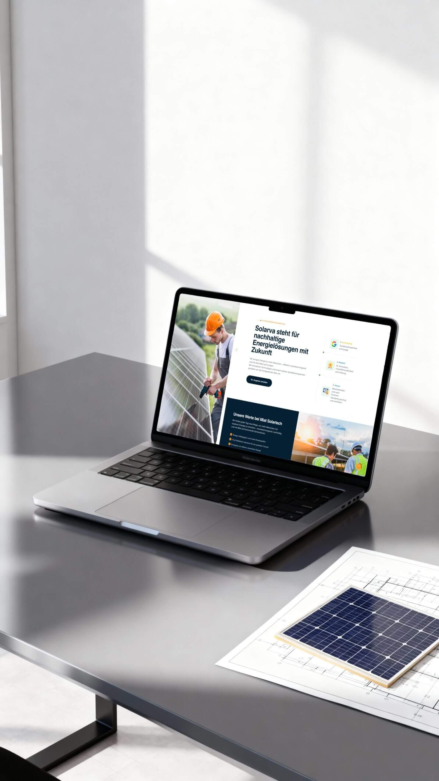 http://Laptop%20auf%20einem%20Tisch%20zeigt%20eine%20Webseite%20über%20nachhaltige%20Energielösungen%20mit%20Fokus%20auf%20Solarenergie.%20Im%20Hintergrund%20sind%20Pläne%20für%20Solarpanels%20sichtbar.