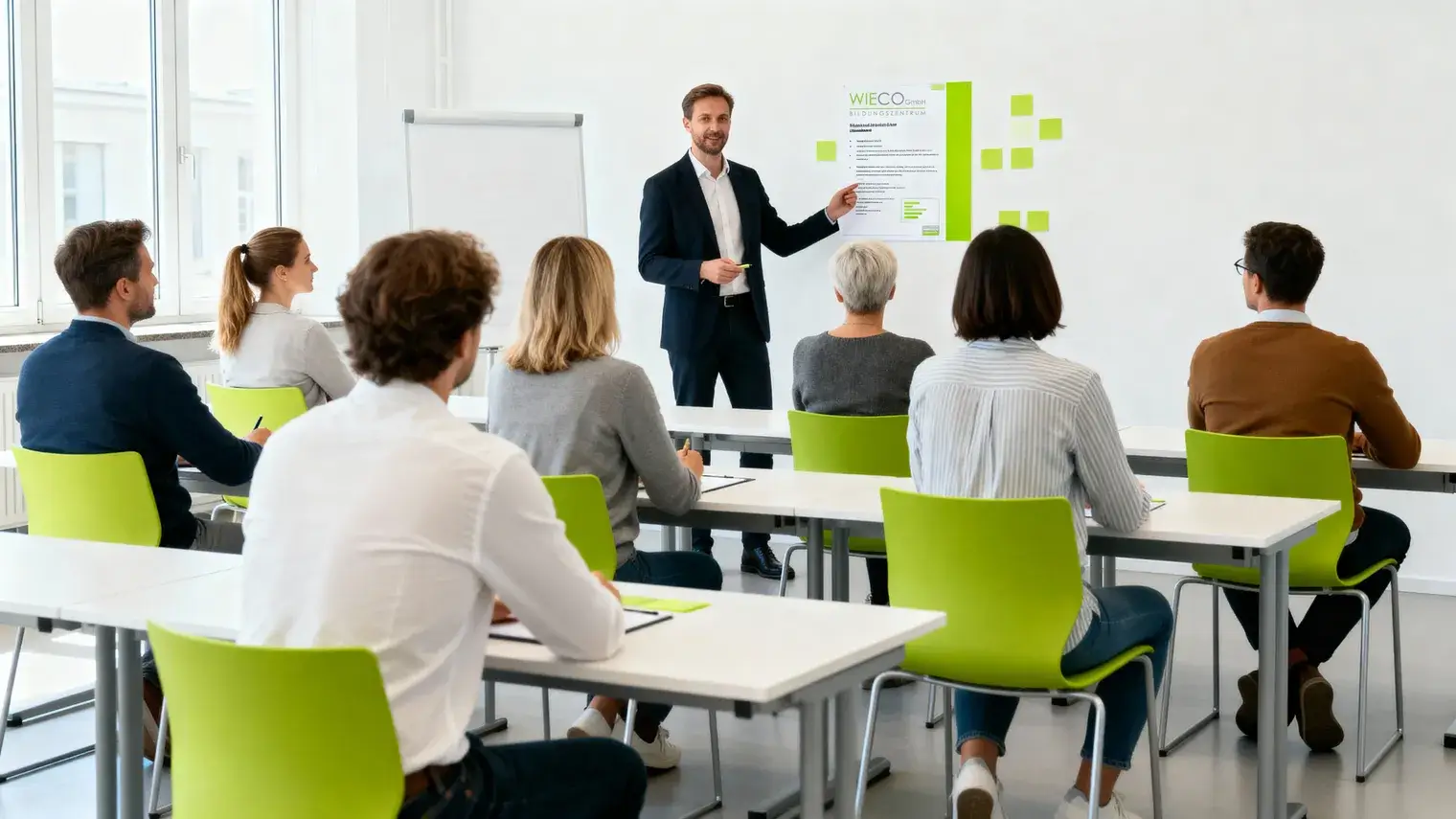 http://Ein%20Dozent%20präsentiert%20vor%20einer%20Gruppe%20von%20Teilnehmern%20in%20einem%20modernen%20Schulungsraum.%20Die%20Teilnehmer%20sitzen%20an%20Tischen%20mit%20grünen%20Stühlen%20und%20verfolgen%20aufmerksam%20die%20Präsentation,%20die%20an%20einer%20Wand%20mit%20einem%20Plakat%20und%20Haftnotizen%20dargestellt%20wird.