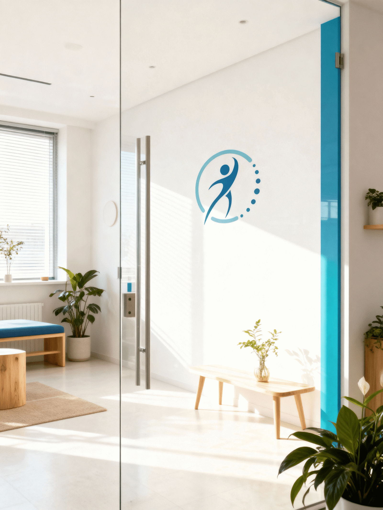http://Moderne%20Praxisräume%20mit%20hellen%20Farben,%20Pflanzen%20und%20einem%20stilisierten%20Logo%20an%20der%20Wand,%20das%20Gesundheit%20und%20Bewegung%20symbolisiert.%20Die%20Glasfront%20sorgt%20für%20eine%20offene%20und%20einladende%20Atmosphäre.