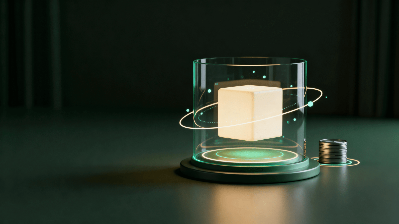 http://Ein%20schwebender,%20leuchtender%20Würfel%20in%20einem%20transparenten%20Glasbehälter,%20umgeben%20von%20digitalen%20Elementen%20und%20einer%20Stapel%20von%20Münzen%20im%20Hintergrund,%20symbolisiert%20Innovation%20und%20Technologie.
