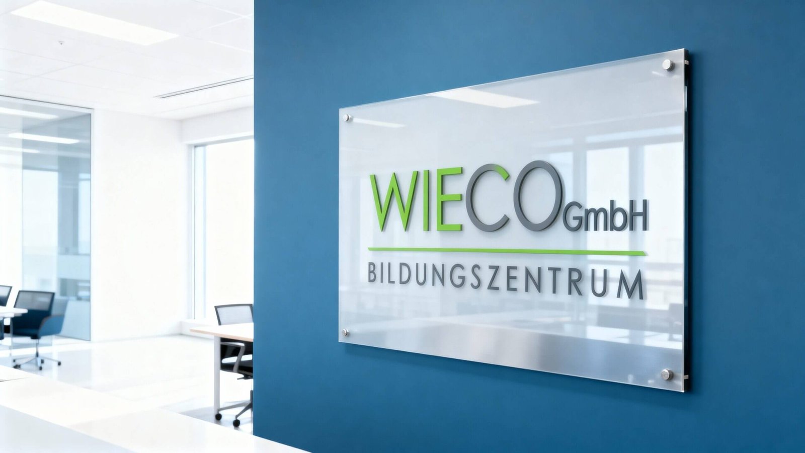 http://Moderne%20Büroumgebung%20mit%20dem%20Schild%20von%20WIECO%20GmbH%20Bildungszentrum%20an%20einer%20blauen%20Wand,%20das%20für%20Schulungen%20und%20Weiterbildung%20steht.