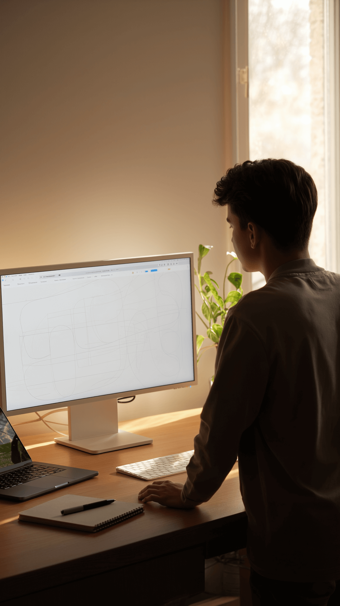Junger Mann, der an einem modernen Schreibtisch steht und auf einen Computerbildschirm mit technischen Zeichnungen schaut, während eine Pflanze im Hintergrund sichtbar ist.