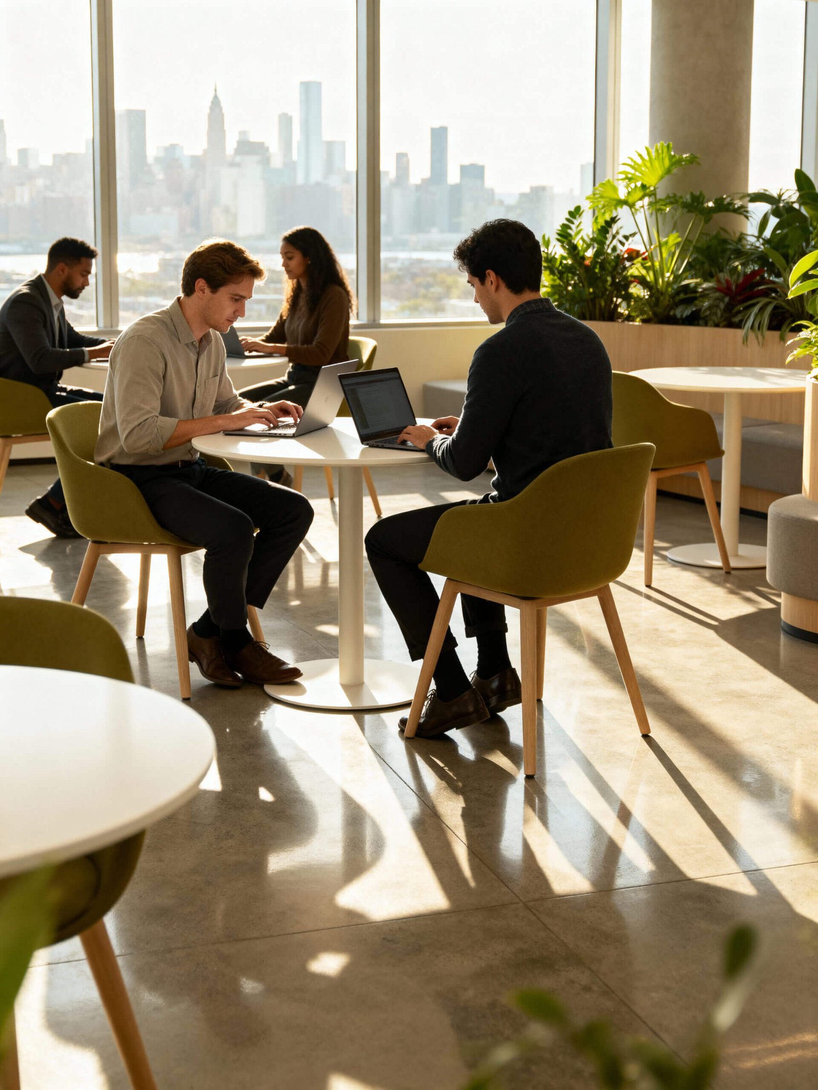 Moderne Büroumgebung mit mehreren Personen, die an Laptops arbeiten. Helle Fenster bieten einen Blick auf die Skyline einer Stadt. Pflanzen sorgen für eine angenehme Atmosphäre.