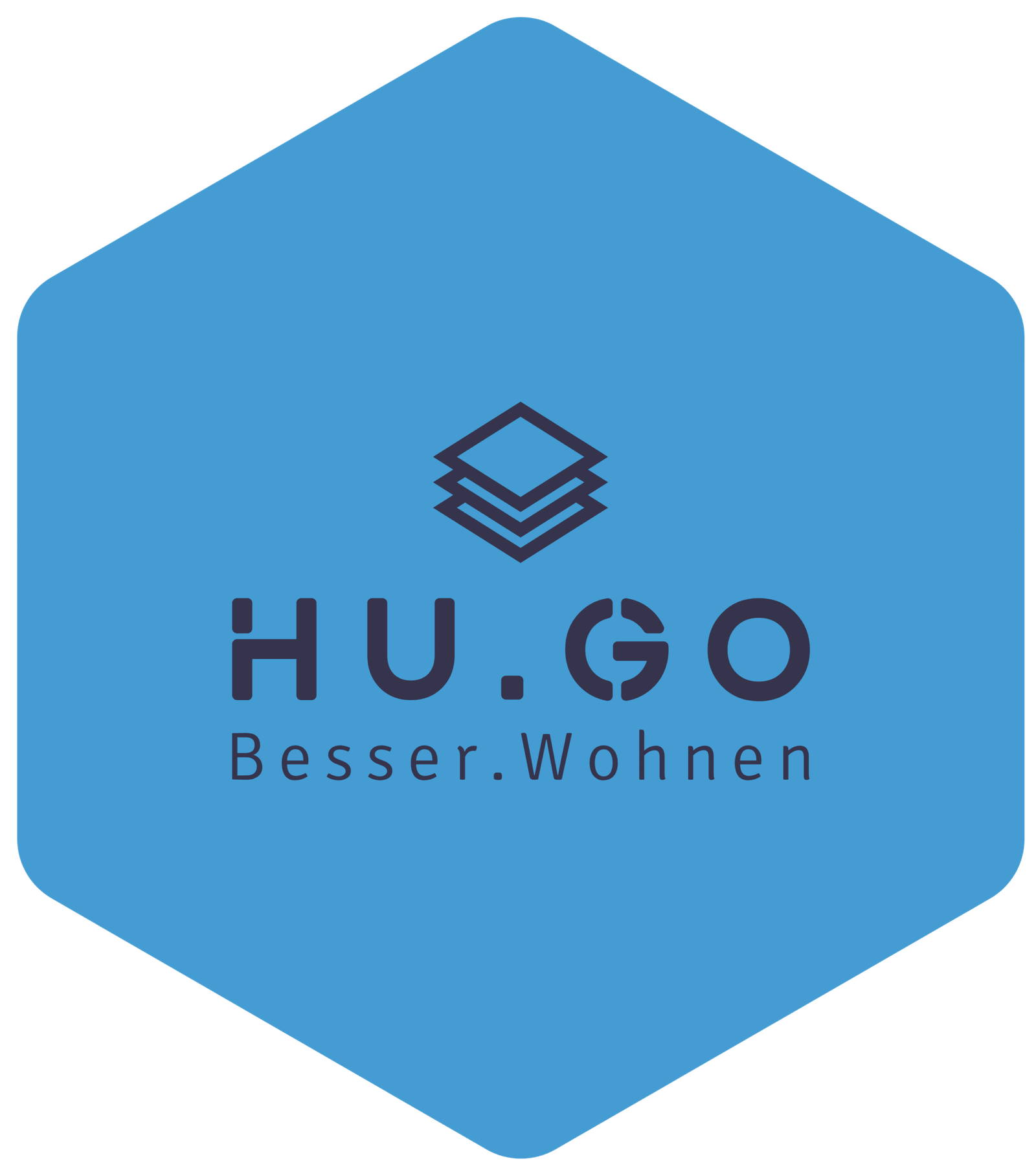 Logo von HU.GO, einem Unternehmen, das sich auf bessere Wohnlösungen spezialisiert hat. Hexagonale Form mit blauem Hintergrund und modernem Schriftzug.
