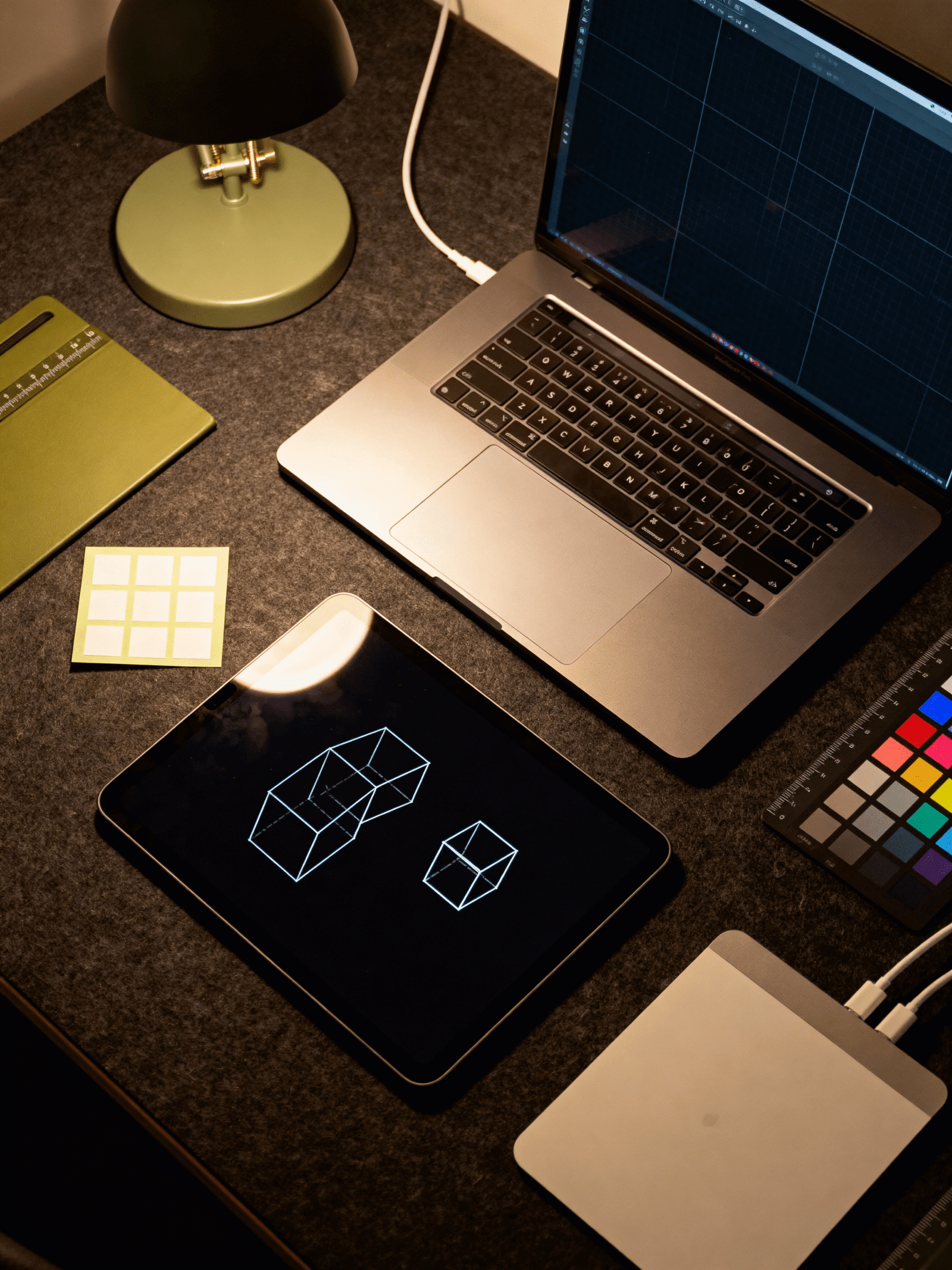 http://Schreibtisch%20mit%20Laptop,%20Tablet%20und%20Notizbuch,%20beleuchtet%20von%20einer%20grünen%20Tischlampe.%20Auf%20dem%20Tablet%20ist%20eine%20Grafik%20mit%20geometrischen%20Formen%20dargestellt.%20Farbpalette%20und%20Touchpad%20liegen%20ebenfalls%20auf%20dem%20Tisch.