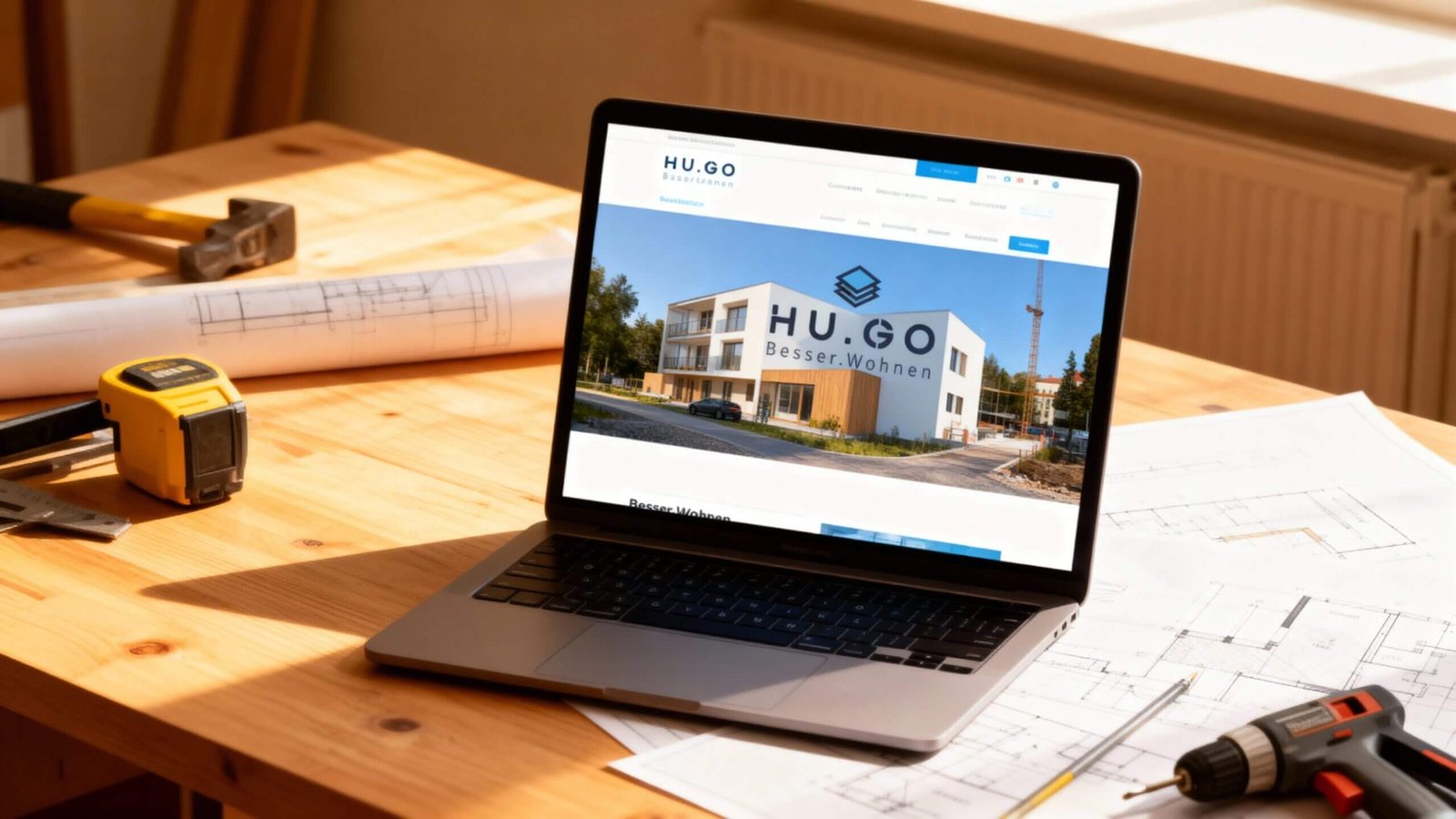 http://Laptop%20mit%20geöffneter%20Website%20von%20HU.GO%20Besser.Wohnen,%20umgeben%20von%20Bauplänen%20und%20Werkzeugen%20auf%20einem%20Holztisch.