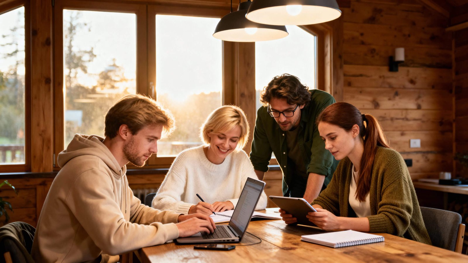 Vier junge Erwachsene arbeiten konzentriert an einem Tisch in einem holzverkleideten Raum. Sie nutzen Laptops und Notizblätter, während Sonnenlicht durch die Fenster strömt.