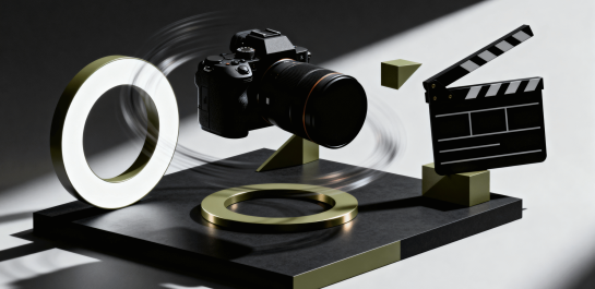 Moderne Kamera schwebt über stilvollem Podest mit beleuchtetem Ring und Filmklappe, ideal für kreative Fotografie und Videoproduktion.