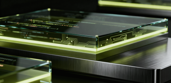 Nahaufnahme von modernen, transparenten Speichermodulen mit leuchtenden Schaltkreisen und binären Codes, die auf einer eleganten Oberfläche angeordnet sind.