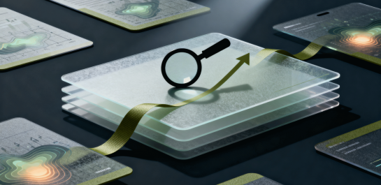 Grafik, die eine Lupe über transparenten Schichten mit Diagrammen und Datenvisualisierungen zeigt, symbolisiert Datenanalyse und Forschung.