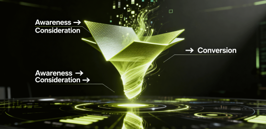 Grafische Darstellung eines Marketing-Trichters, der die Phasen Awareness, Consideration und Conversion zeigt. Die Elemente sind in leuchtendem Grün auf einem dunklen Hintergrund angeordnet, um die Schritte im Kundenentscheidungsprozess zu veranschaulichen.