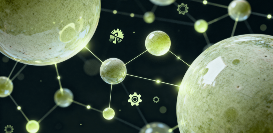 Abstrakte Darstellung von Molekülen und Atomen mit leuchtenden Verbindungen, die chemische Interaktionen symbolisieren, ideal für wissenschaftliche und bildungsbezogene Inhalte.